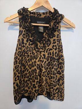 INC International Concepts Black and Brown Leopard Ruffle V-Neck Camisole